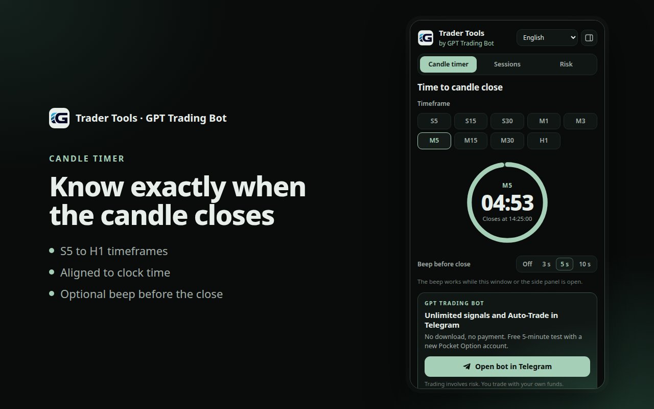 Trader Tools Chrome extension popup with a candle countdown timer and the GPT Trading Bot card