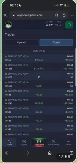 Lista de operaciones cerradas de Pocket Option compartida por un usuario de GPT Trading Bot