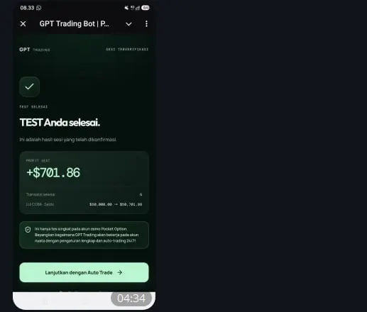 Tarjeta de prueba demo de GPT Trading Bot mostrando un resultado de sesión de +$701.86