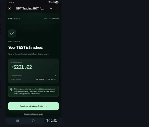 Tarjeta de prueba demo de GPT Trading Bot mostrando un resultado de sesión de +$221.02