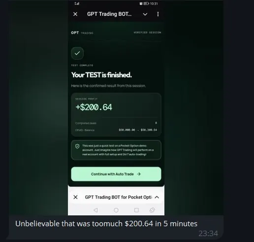 Chat de Telegram con una tarjeta de prueba demo de GPT Trading Bot mostrando +$200.64 y la respuesta de un usuario