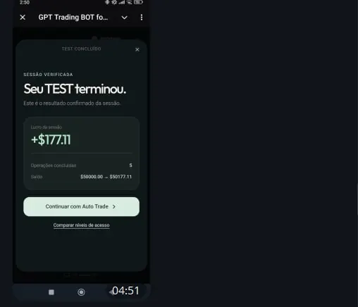 Tarjeta de prueba demo de GPT Trading Bot mostrando un resultado de sesión de +$177.11