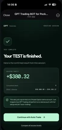 Tarjeta de prueba demo de GPT Trading Bot mostrando un resultado de sesión de +$380.32